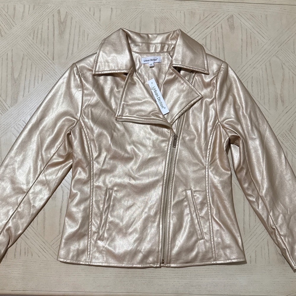 Urban Diction Women Metallic Gold‎ Faux Leather Moto Jacket PS Petite Small NWT